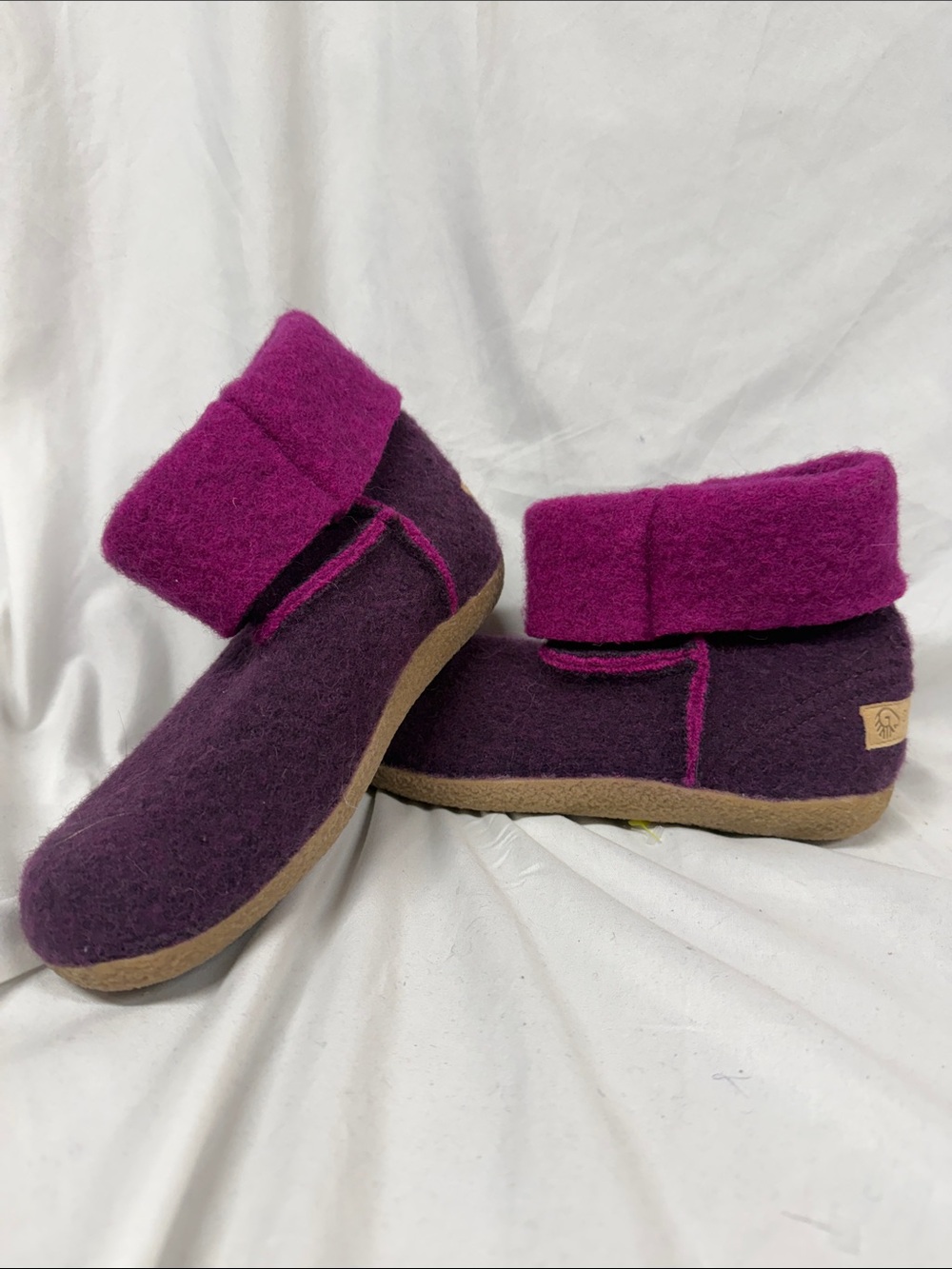 Giesswein Fold-Over Wool Slipper Boots in Plum and Magenta